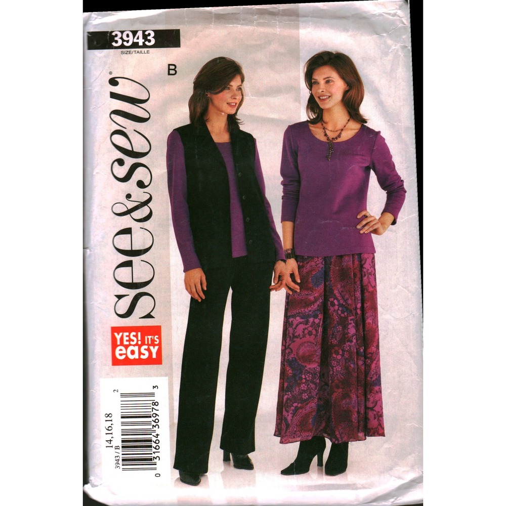 See & Sew 3943 Misses Vest Top Skirt Pants Sewing Pattern Size 14 16 Easy